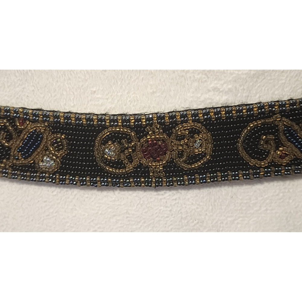 Vintage Echo Rayon Satin Beaded Belt Paisley Scroll Black Gold Blue Size S